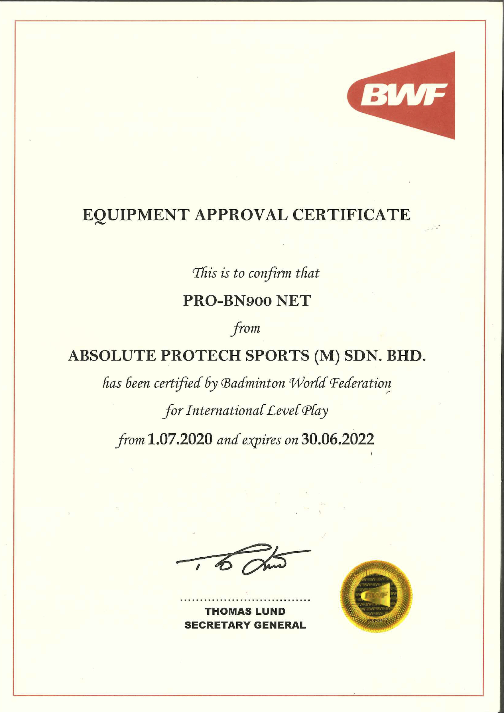 Protech-Bwf approved equpiments